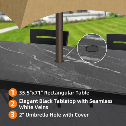 7 Pieces Modern Outdoor Patio Dining Set, Rectangular Table, 4 Chairs & 2 Swivel Rockers, Sunbrella Cushions - Ember Black