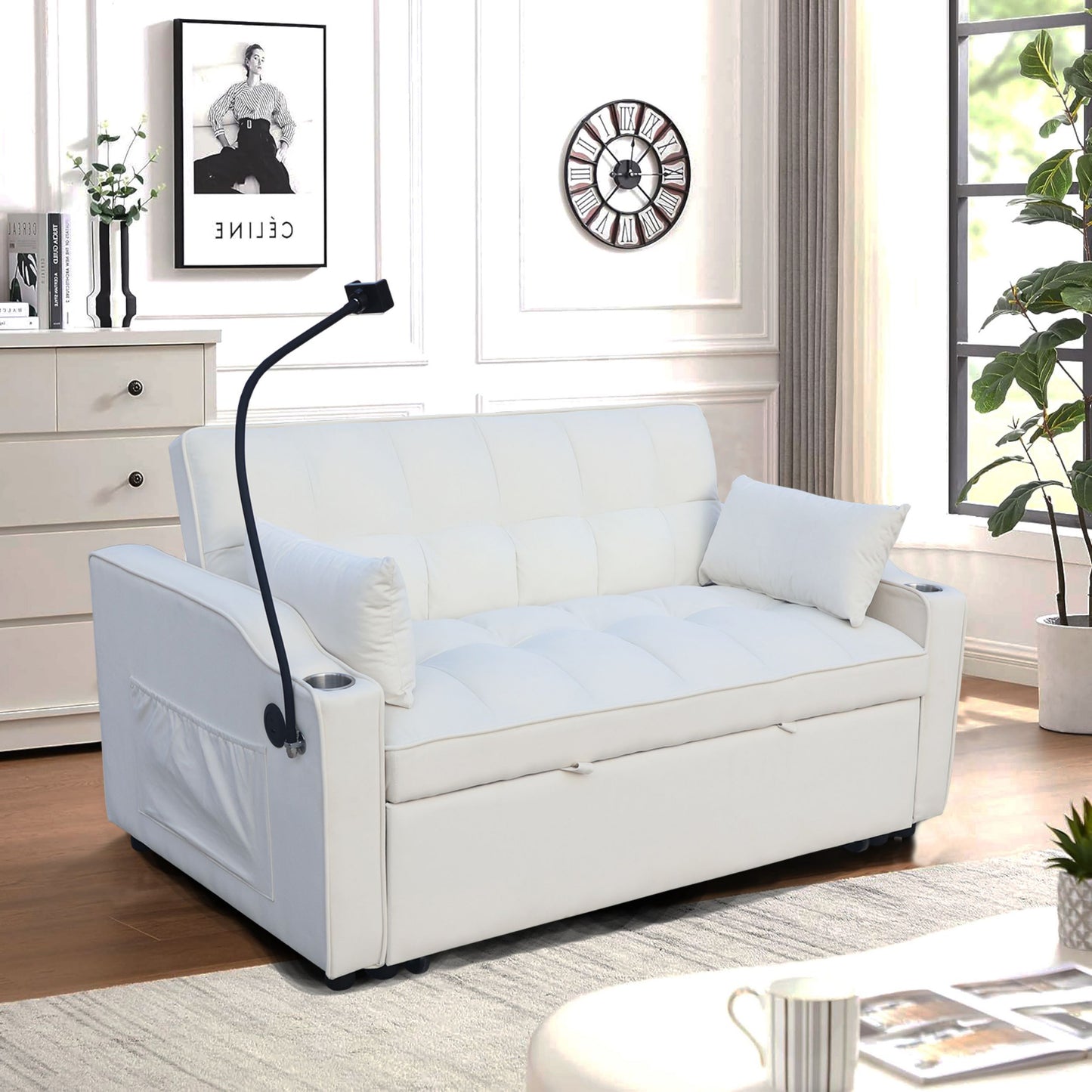 Modern Velvet Loveseat Futon Sofa Couch With Pullout Bed, Adjustable Reclining Backrest - Beige
