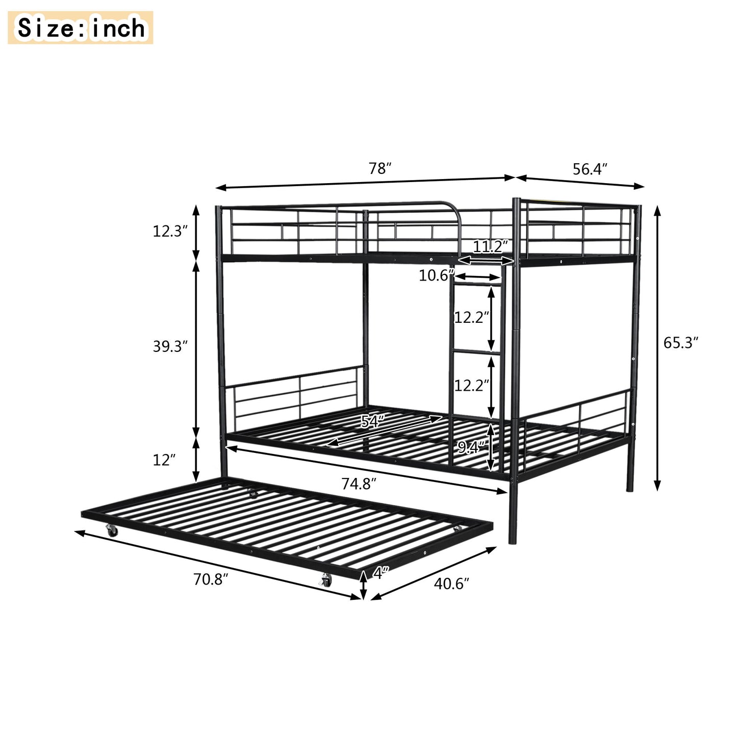 Full Over Full Metal Bunk Bed With Trundle - Black