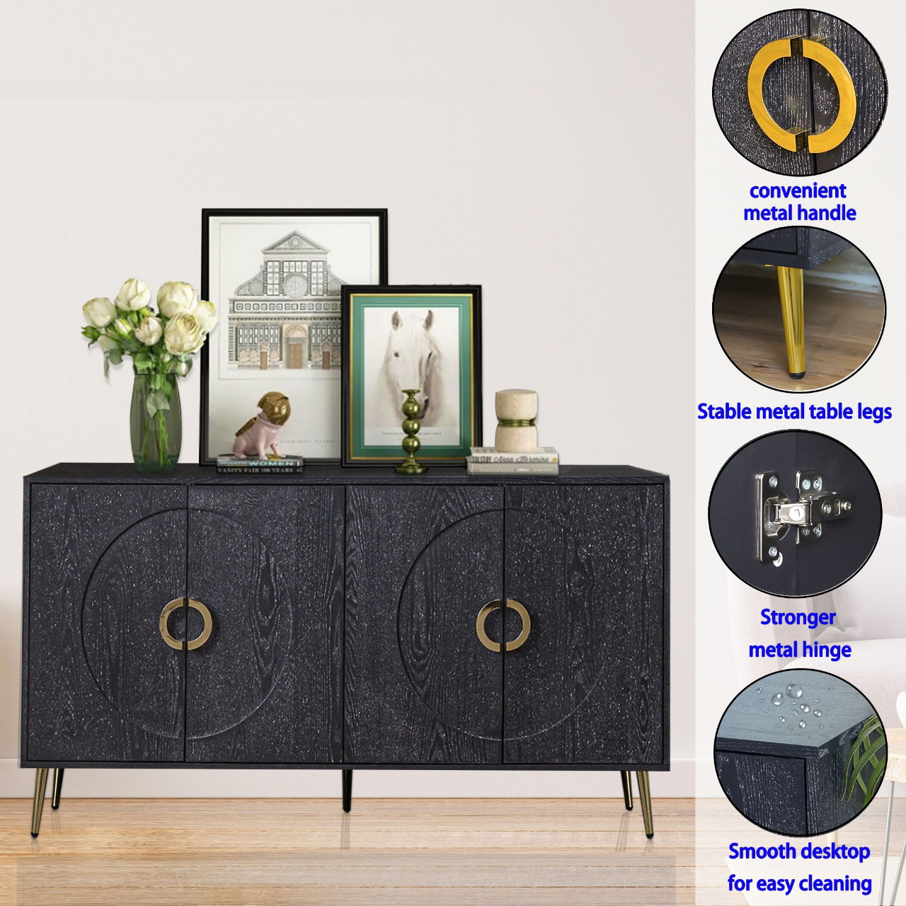 Modern Lacquered 4 Door Wooden Cabinet Sideboard Buffet Server Cabinet Storage Cabinet, For Living Room, Entryway, Hallway, Office, Kitchen And Dining Room - Distressed Black