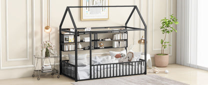 Twin Size Bed House Frame With Fence And Shelves - Black