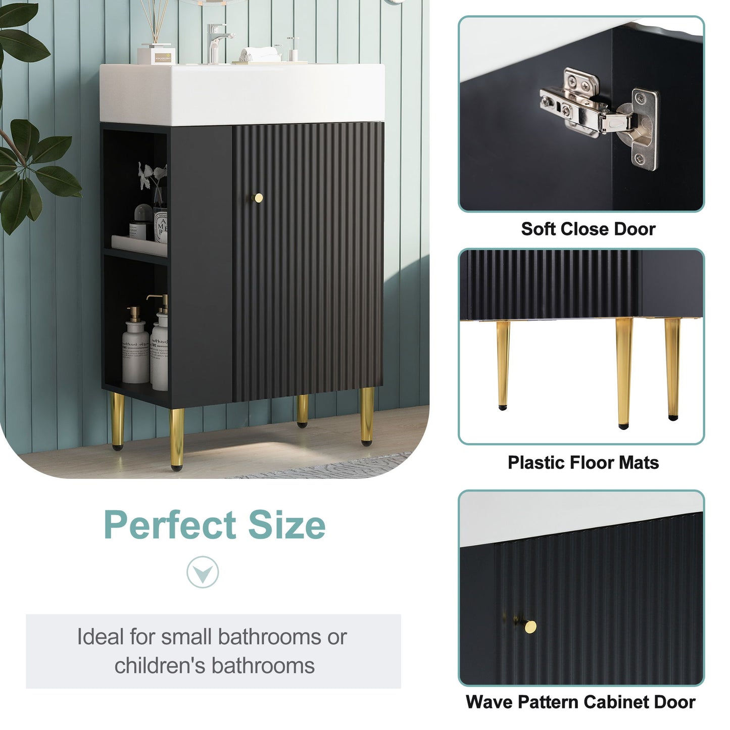 Bathroom Vanity, Combo Cabinet, Bathroom Storage Cabinet, Single Ceramic Sink, Left Side Storage - Black
