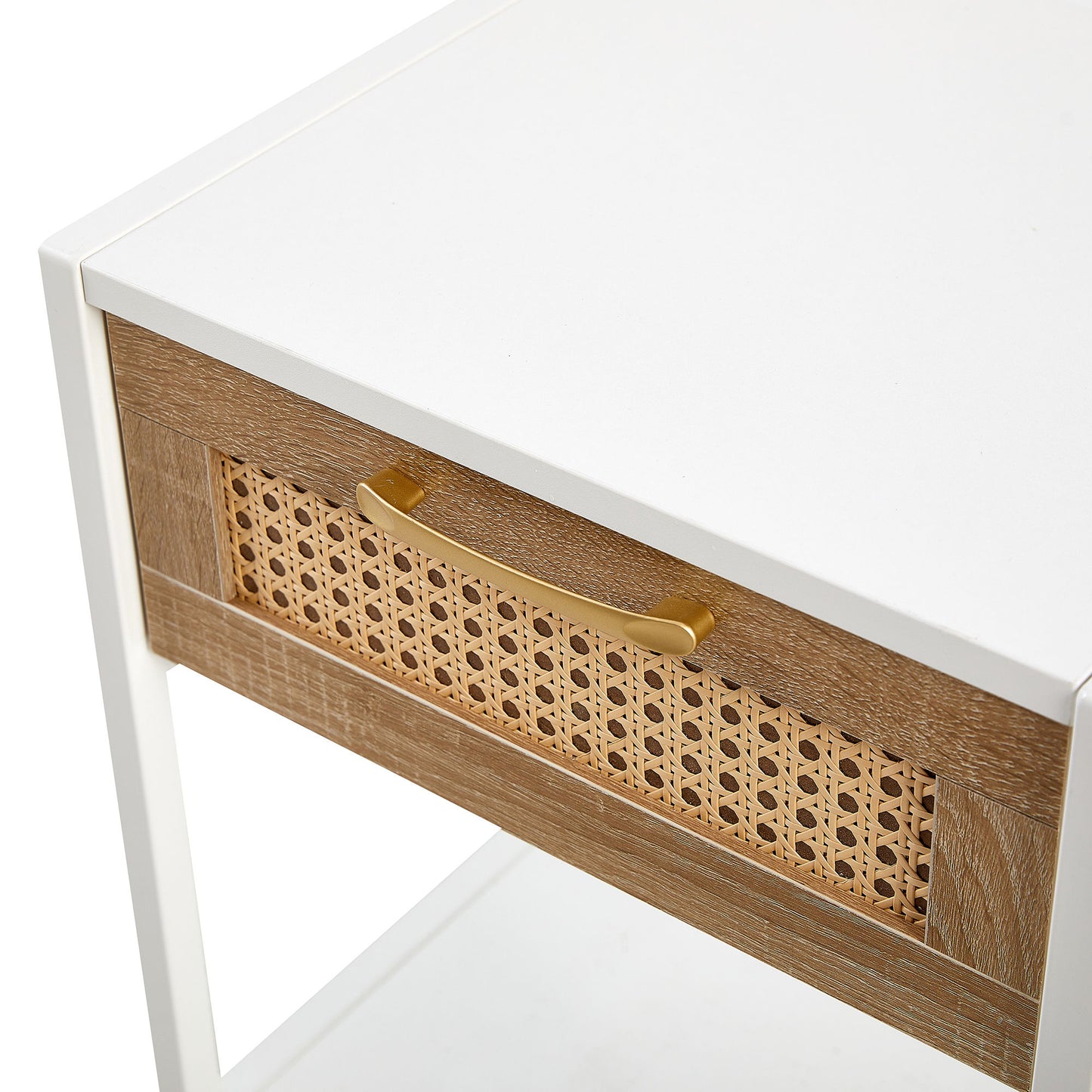 15.74" Rattan End Table With Drawer, Modern Nightstand, Metal Legs, Side Table For Living Room, Bedroom - White