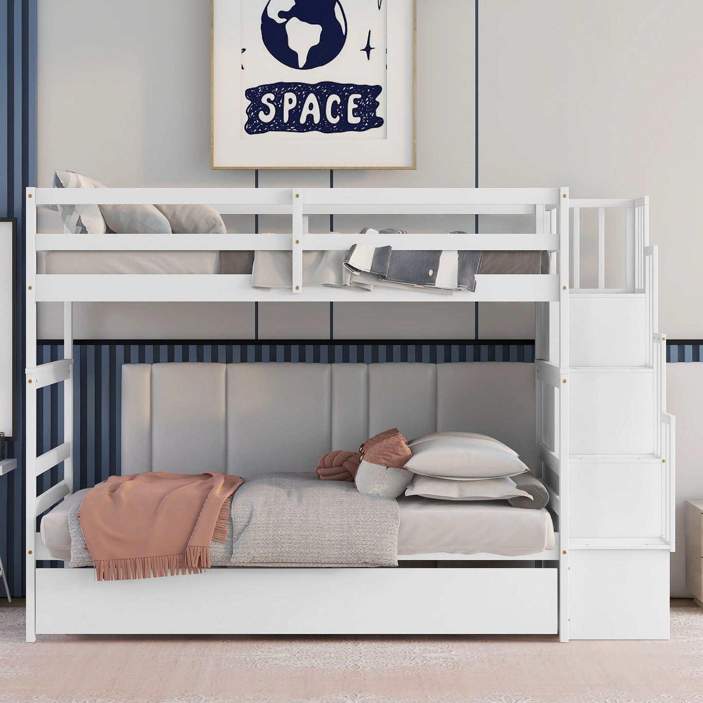 Twin Over Twin Bunk Beds With Twin Trundle And Stairway Storage Function - White