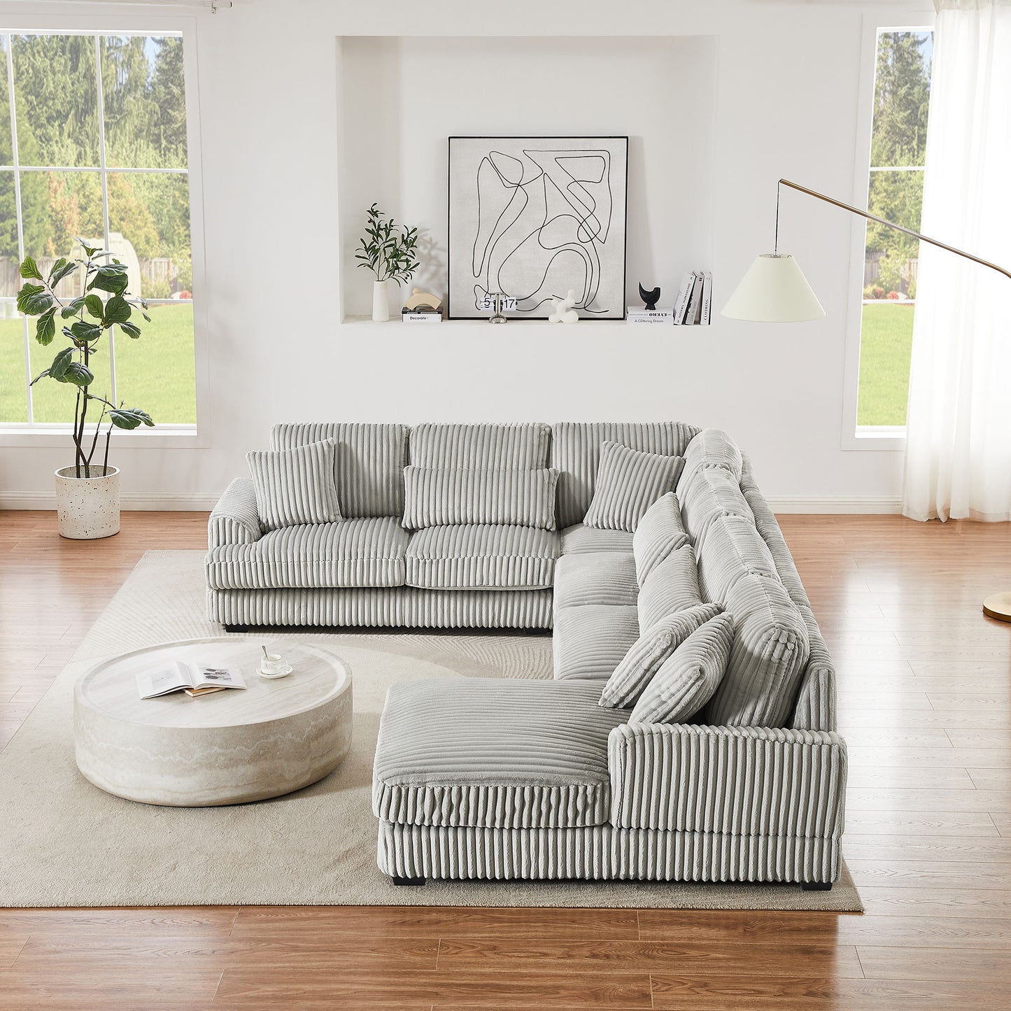 Oversized Sectional Sofa U - Shaped Sofa Couch Modern Sofa Upholstered In Soft Corduroy With A Chaise Lounge For Living Room - Gray