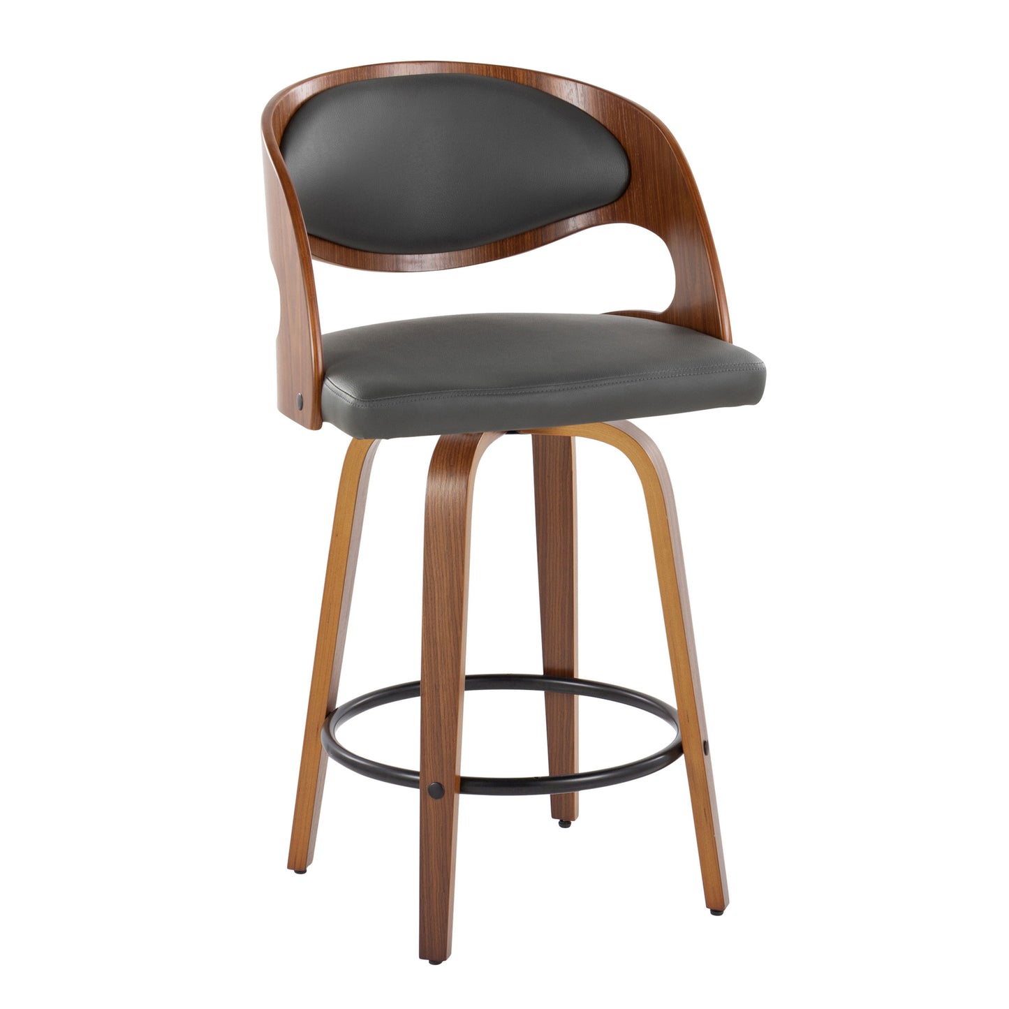 Pino - Mid-Century Modern Fixed Height Barstool With Swivel With Round Footrest (Set of 2) - Walnut / Gray
