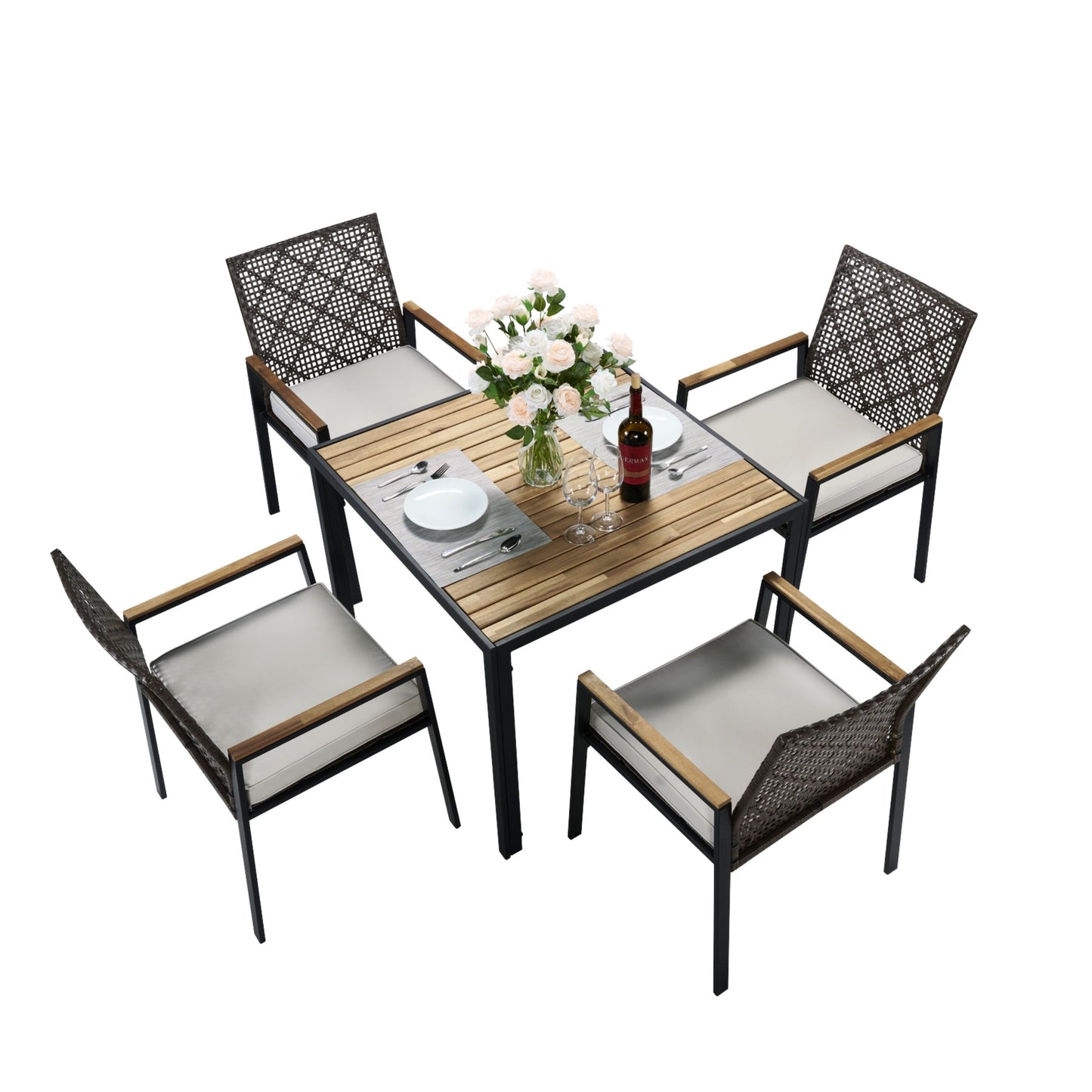 All Weather 5 Piece Patio Dining Table Set, Acacia Wood Table Top With Umbrella Hole, Rattan Outdoor - Coffee Brown