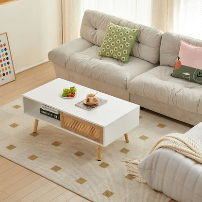 41.34" Rattan Coffee Table, Sliding Door For Storage, Solid Wood Legs, Modern Table For Living Room - White