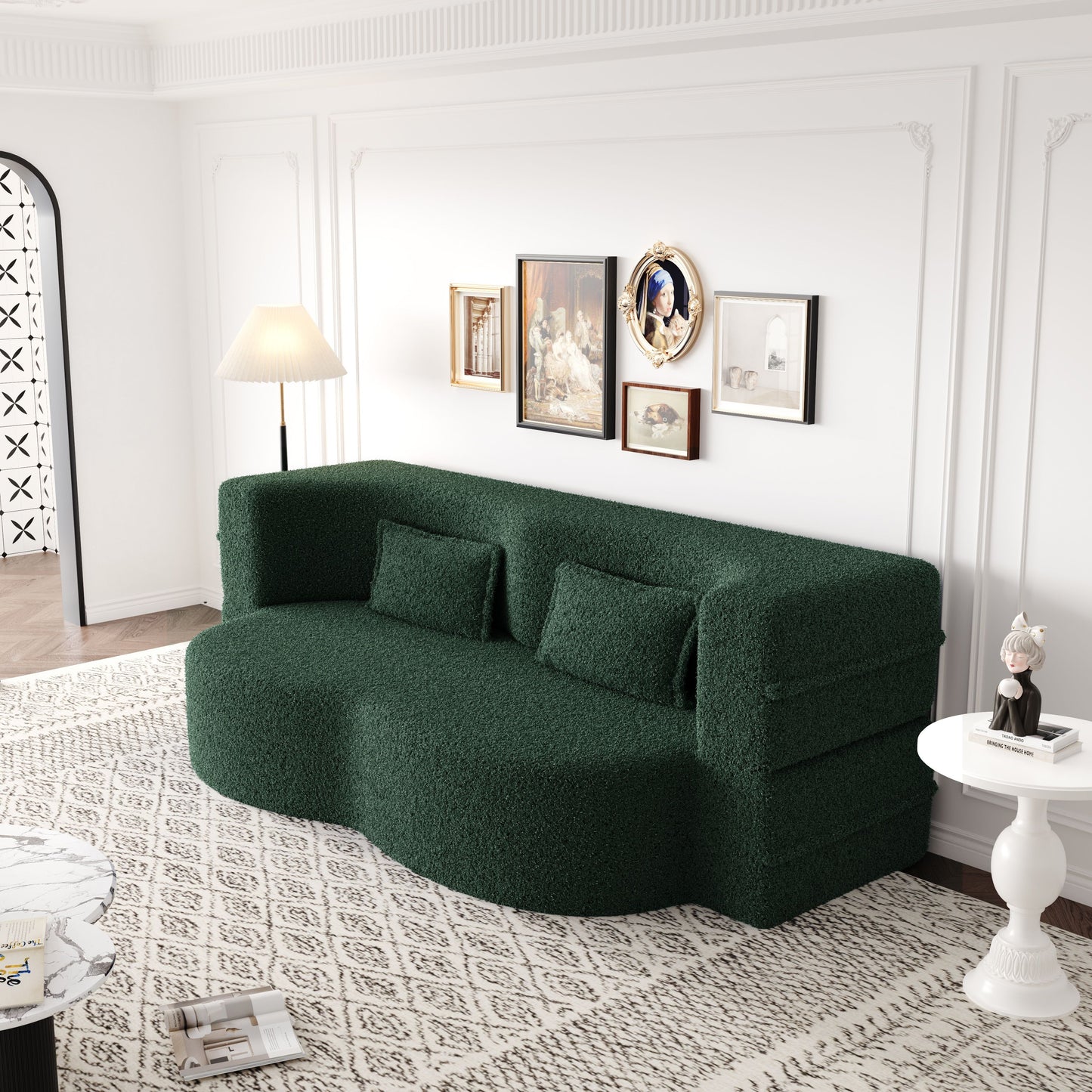 Modern Floor Sofa With 2 Pillows, Convertible Teddy Fabric Foam Filled Sleeper Sofa Bed, Full Size Folding Mattress For Living Room Guest Bed, Playroom, No Assembly Required - Green