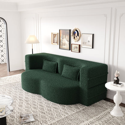 Modern Floor Sofa With 2 Pillows, Convertible Teddy Fabric Foam Filled Sleeper Sofa Bed, Full Size Folding Mattress For Living Room Guest Bed, Playroom, No Assembly Required - Green