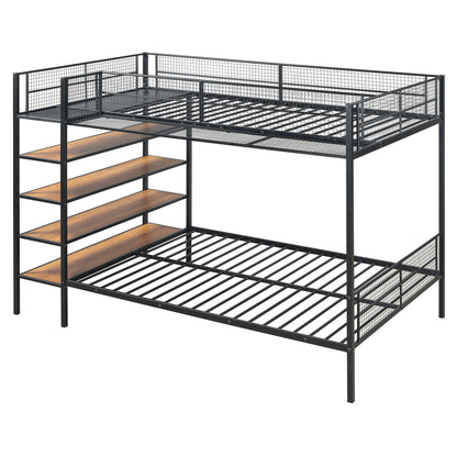 Twin Over Full Bunk Bed With 5 Tier Shelves - Black