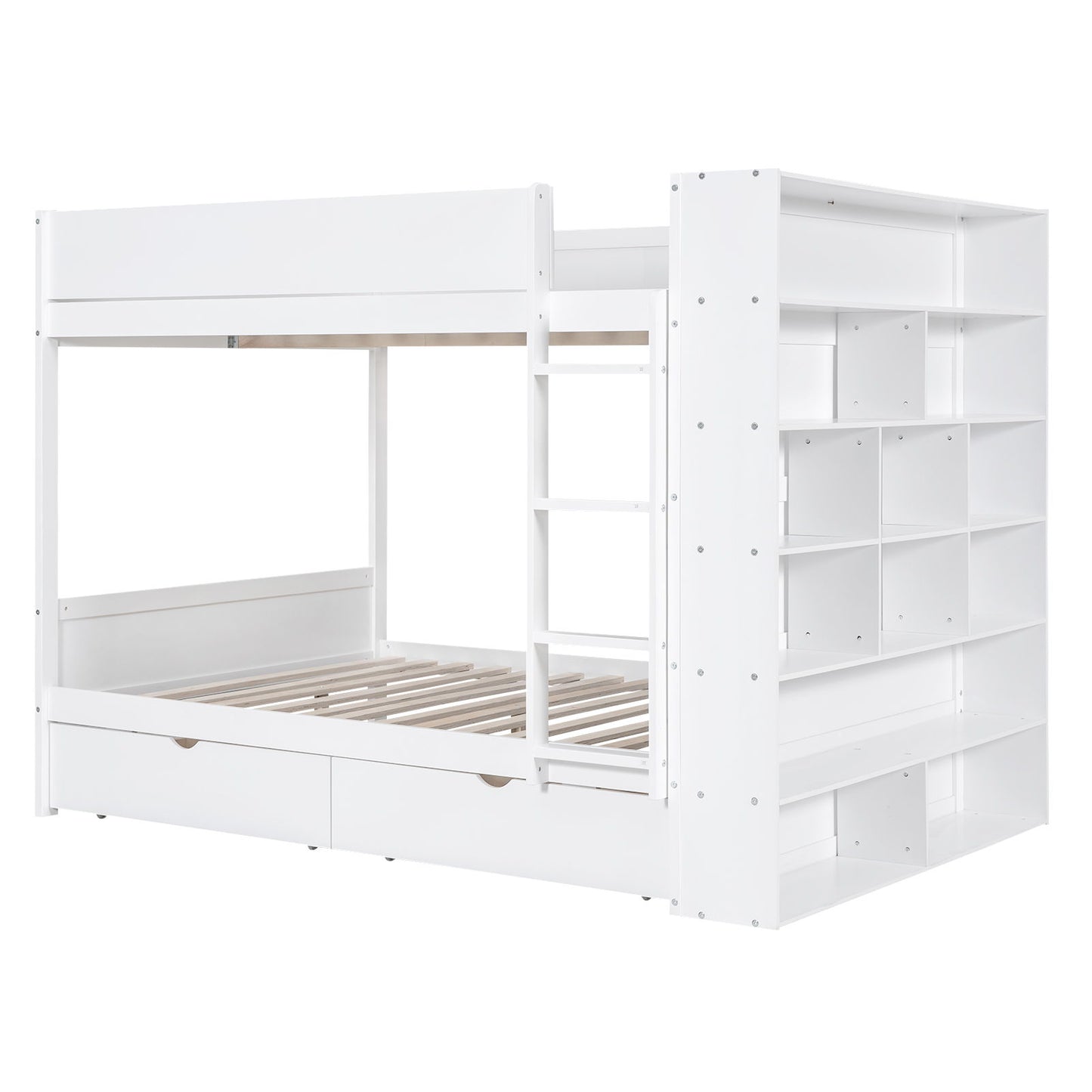Full Over Full Bunk Bed With 2 Drawers And Multi-Layer Cabinet - White