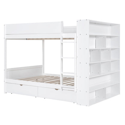 Full Over Full Bunk Bed With 2 Drawers And Multi-Layer Cabinet - White