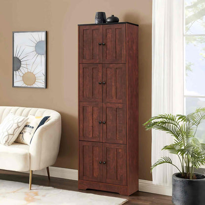 Tall Storage Cabinet With 8 Doors And 4 Shelves, Wall Storage Cabinet For Living Room, Kitchen, Office, Bedroom, Bathroom - Walnut