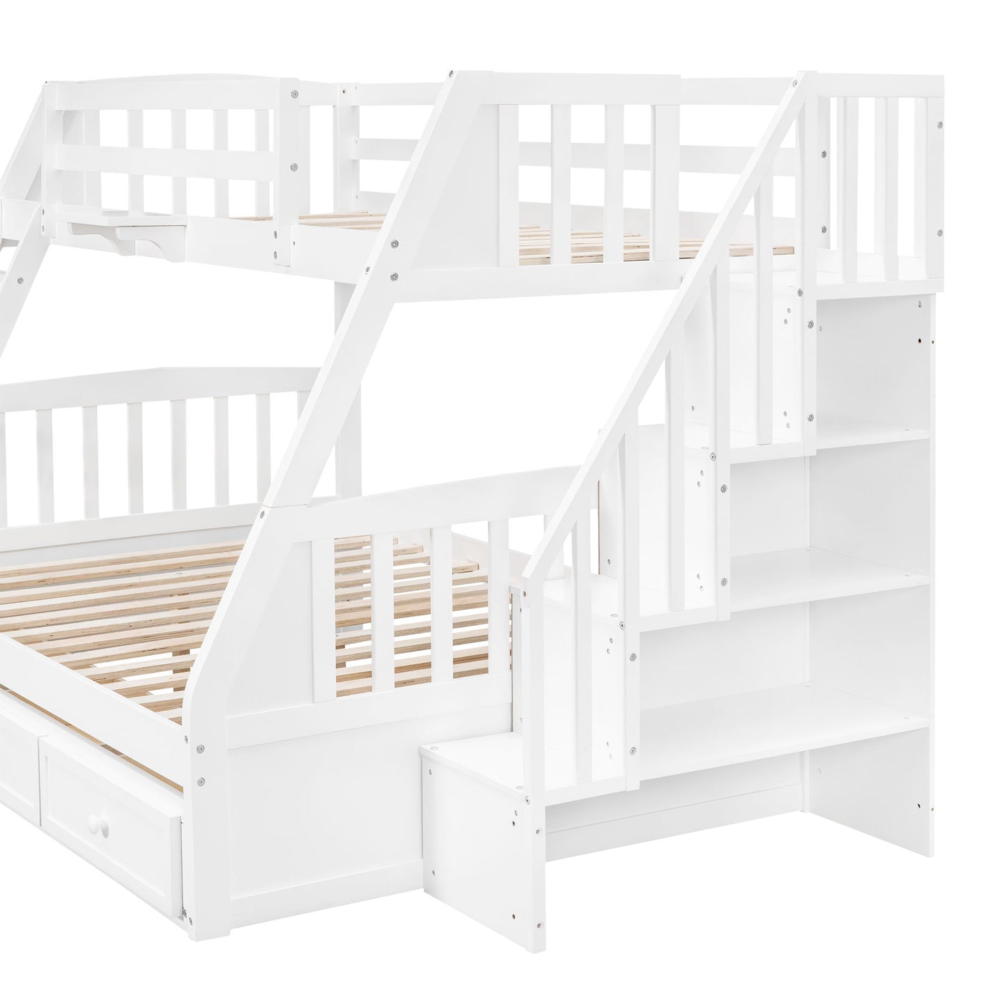 Twin Over Full Bunk Bed With Drawers, Ladder And Storage Staircase - White