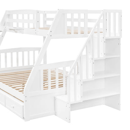 Twin Over Full Bunk Bed With Drawers, Ladder And Storage Staircase - White