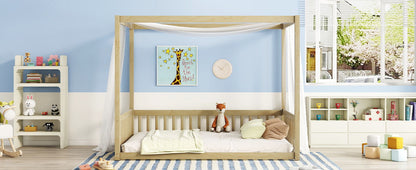 Full Size Canopy Frame Floor Bed With Fence, Guardrails - Natural