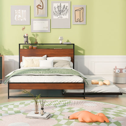 Full Size Platform Bed Frame With Trundle, USB Ports And Slat Support,No Box Spring Needed - Black
