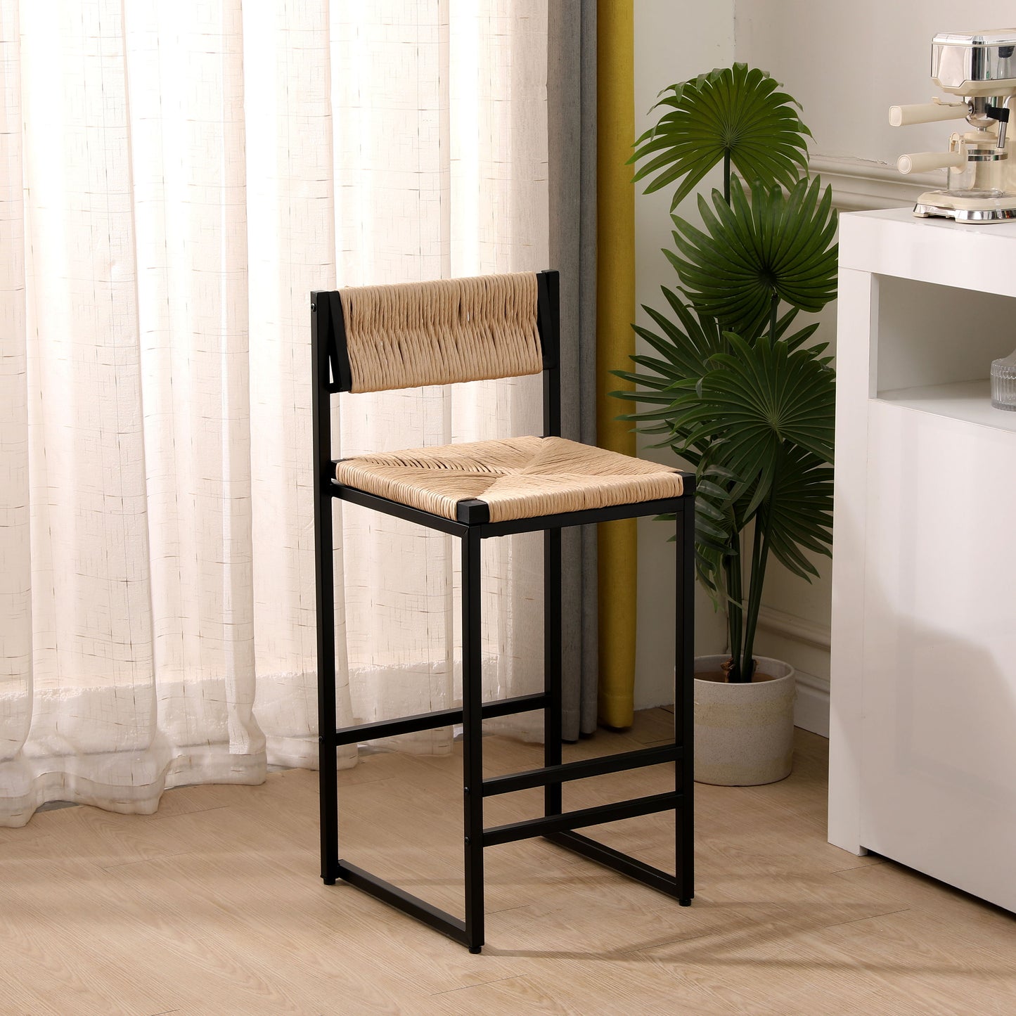 Bar Stools (Set of 2) Paper Rope Weave Dining Chairs With Back Hand Weave Stools For Kichen Island, Bar & Counter - Honey