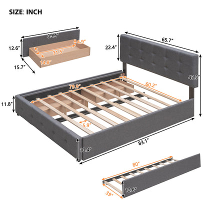 Queen Size Upholstered Platform Bed With 2 Drawers And 1 Twin Long Trundle - Dark Gray