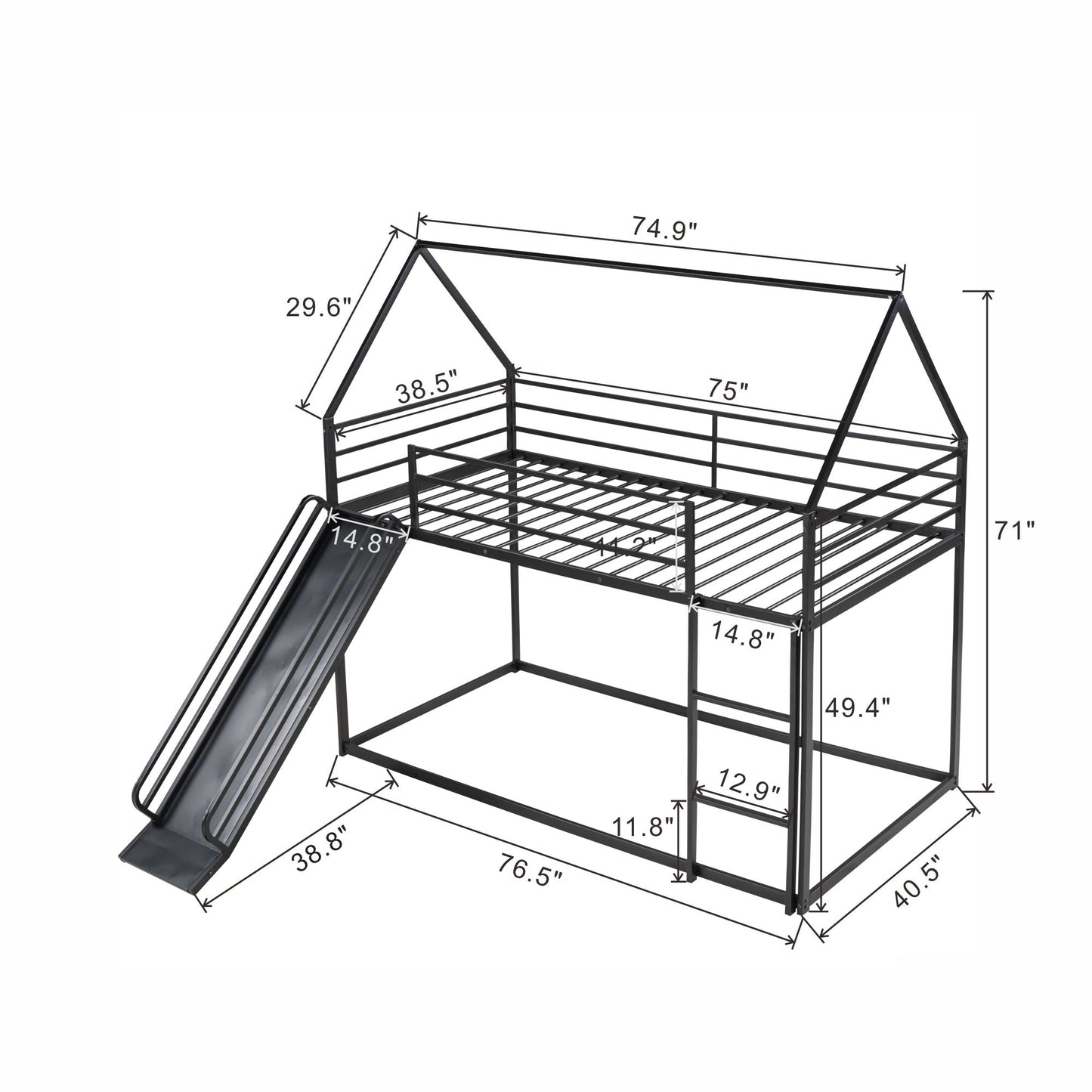 Twin Over Twin House Bunk Bed With Ladder And Slide - Black