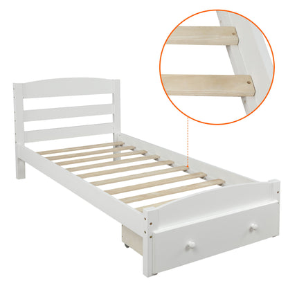 Twin Platform Bed Frame With Storage Drawer And Slat Support No Box Spring Needed - White
