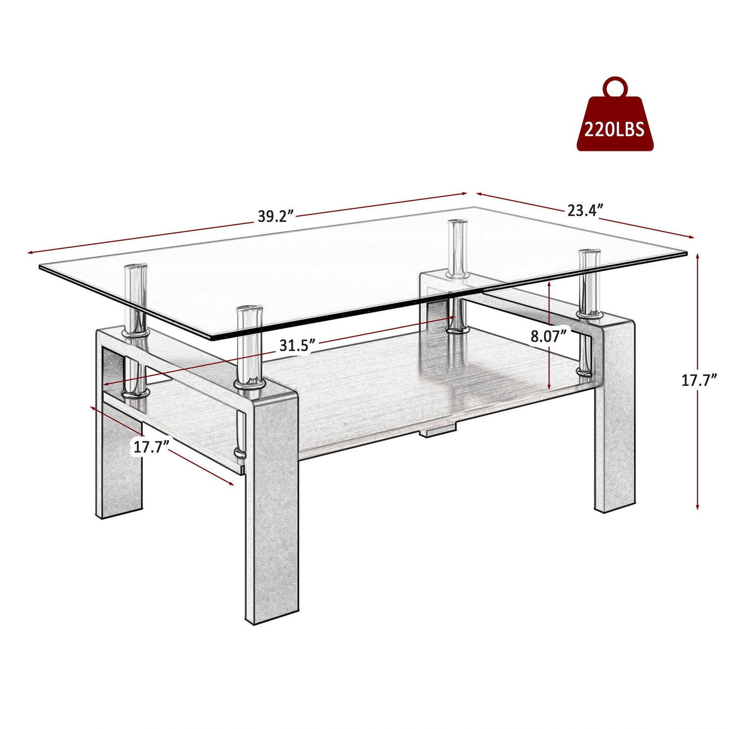 Modern Rectangular Coffee Table With Tempered Glass Top Layer - Gray