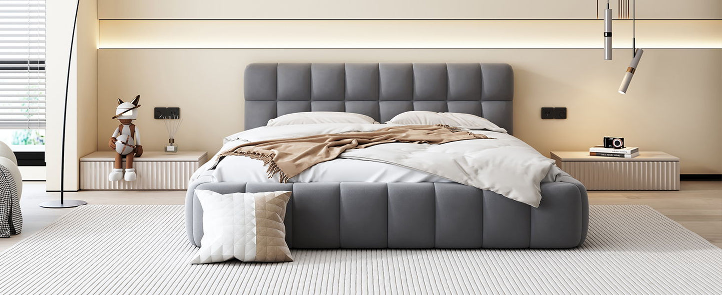Queen Size Upholstered Platform Bed With Thick, Grounded Bed With Solid Frame - Gray