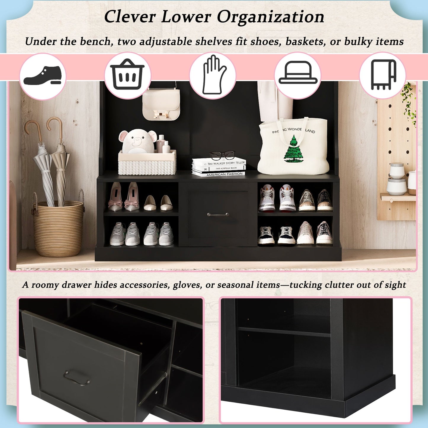 Hall Tree With 6 Hooks, Coat Hanger, Entryway Bench, 3 In 1 Design, A Spacious Drawer For Entrance, Living Room - Black