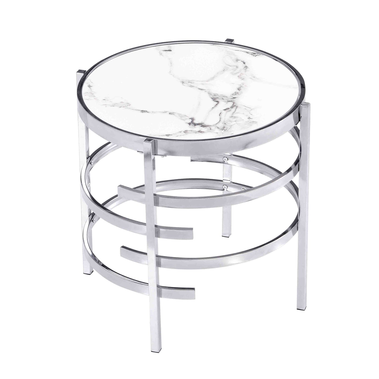 Modern Round End Table With Sintered Stone Top For Living Room - Chrome / Silver
