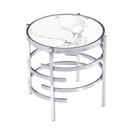 Modern Round End Table With Sintered Stone Top For Living Room - Chrome / Silver