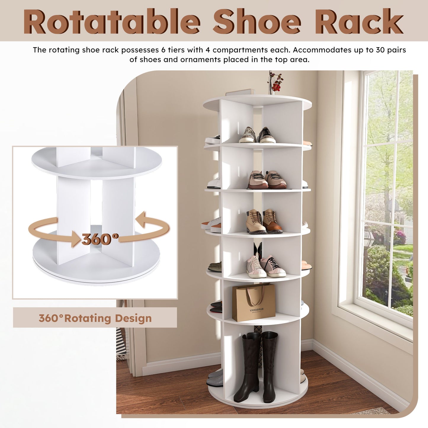 6 Tier Spinning Shoe Rack, Free Standing 360ÔøΩÔøΩ Revolving Shoe Organizer - White