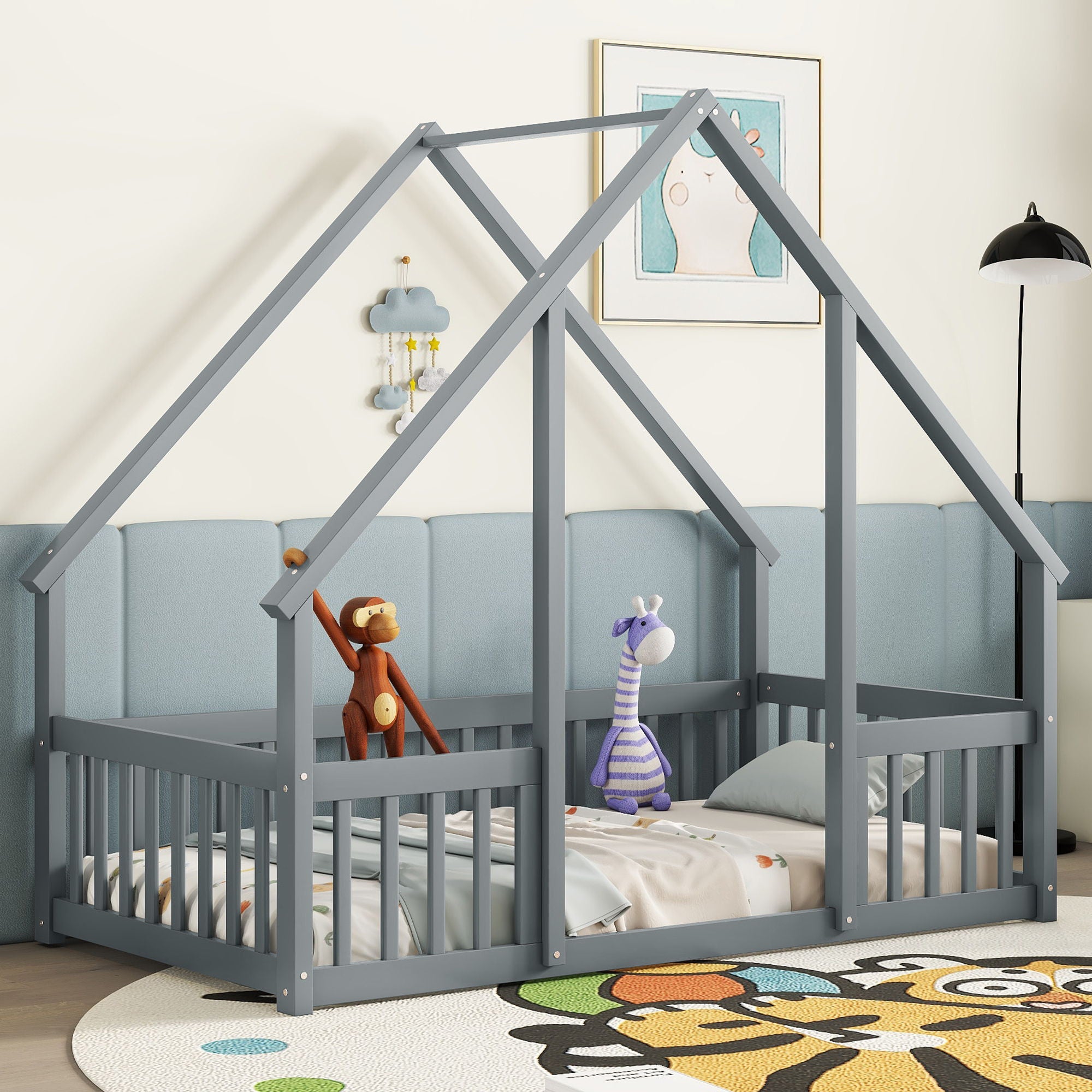 Twin Wood House-Shaped Floor Bed With Fence, Guardrails - Gray
