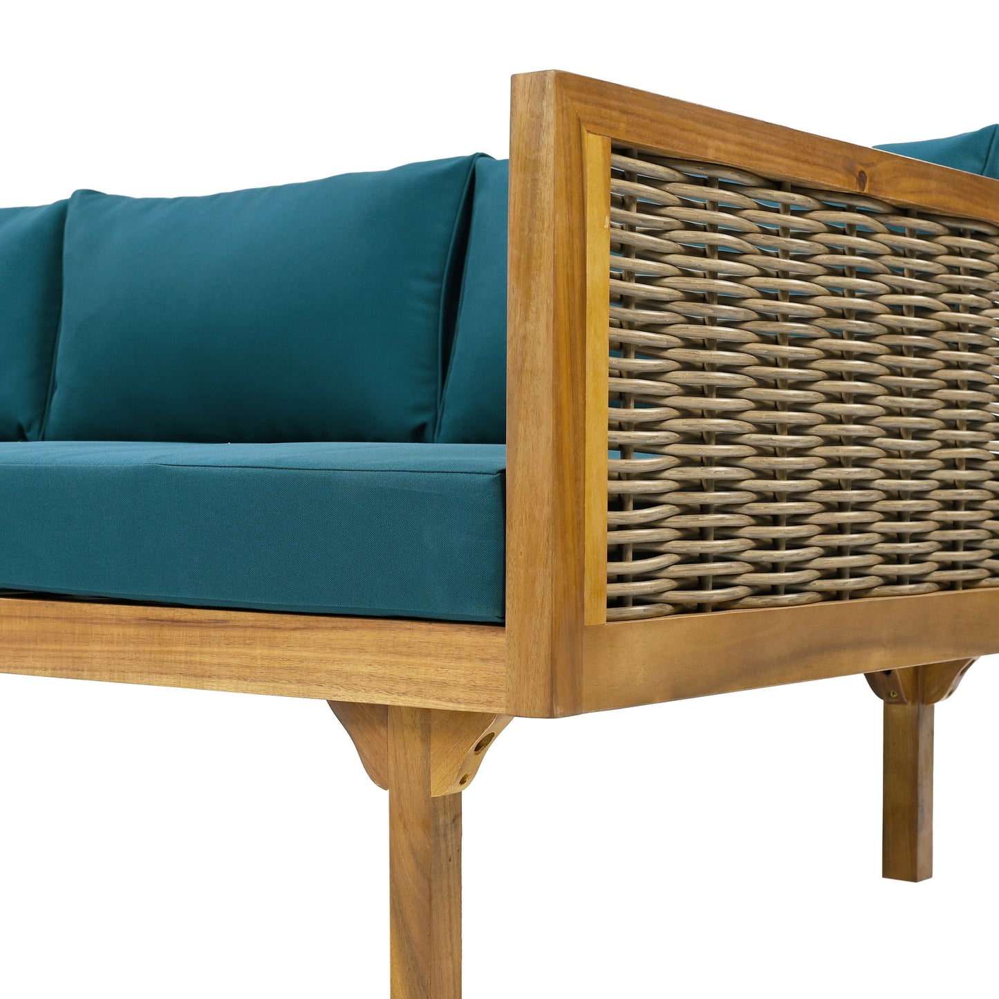 Claremont - 3 Seater Daybed With Rattan Arms And Cushions, Acacia Wood Frame - Teak / Teal
