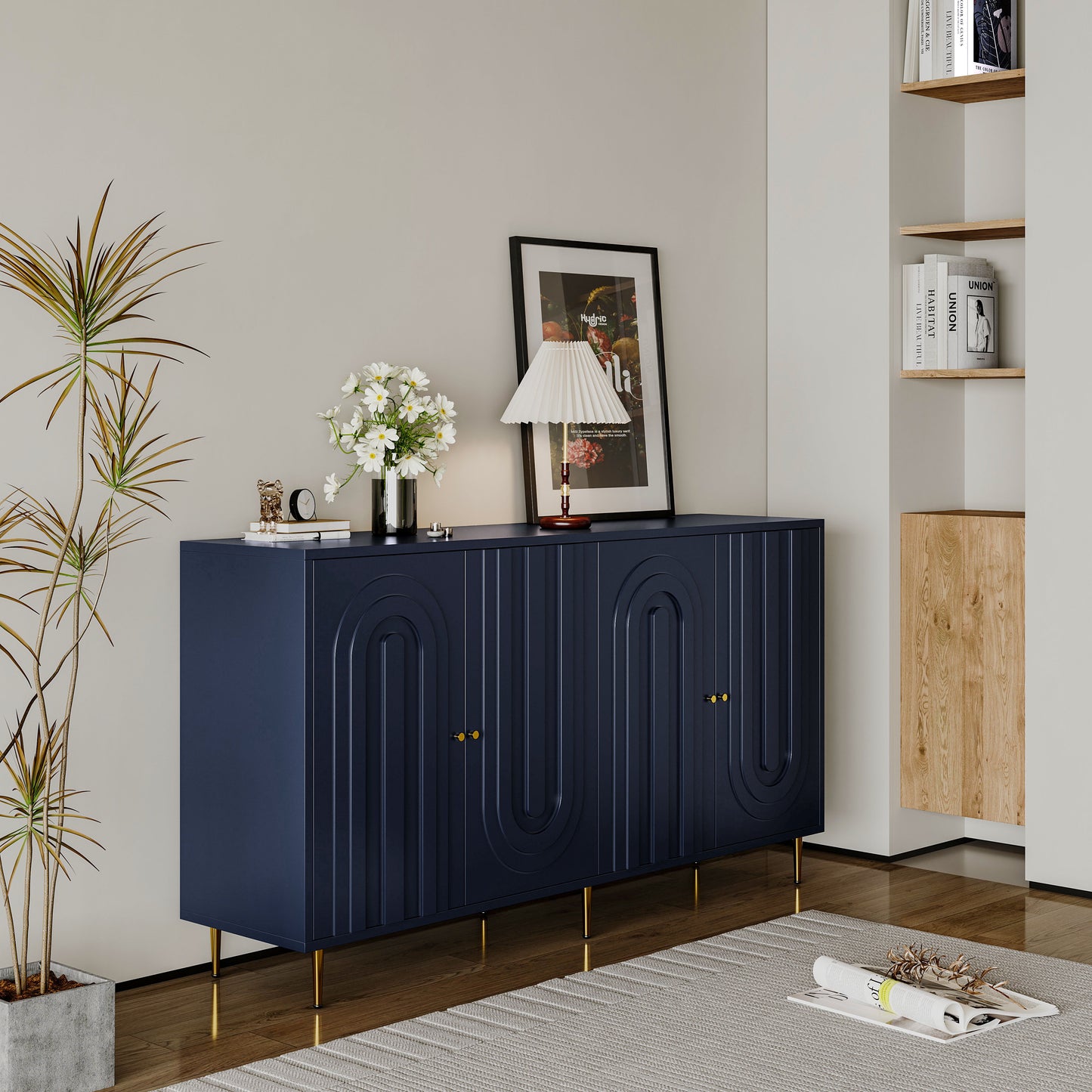 Modern Lacquered 4 Door Wooden Cabinet Sideboard Buffet Server Cabinet Storage Cabinet, For Living Room, Entryway, Hallway, Office, Kitchen And Dining Room - Blue