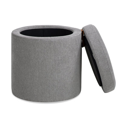 Brandy - Round Upholstered Storage Ottoman With Leather Accent - Gray