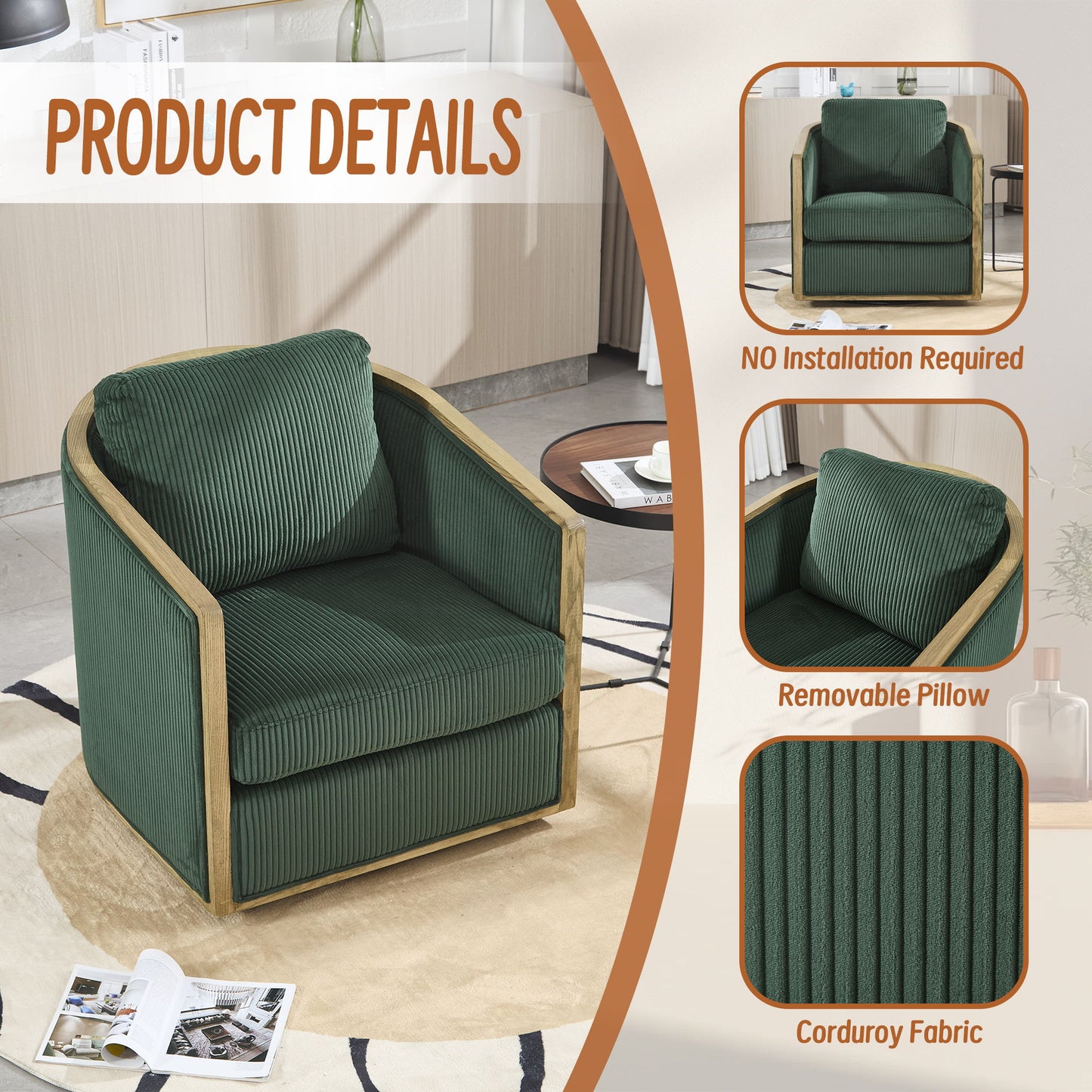 Corduroy Swivel Barrel Chair, Comfortable Accent Sofa Chair With 360 Degree Swivel For Living Room - Emerald