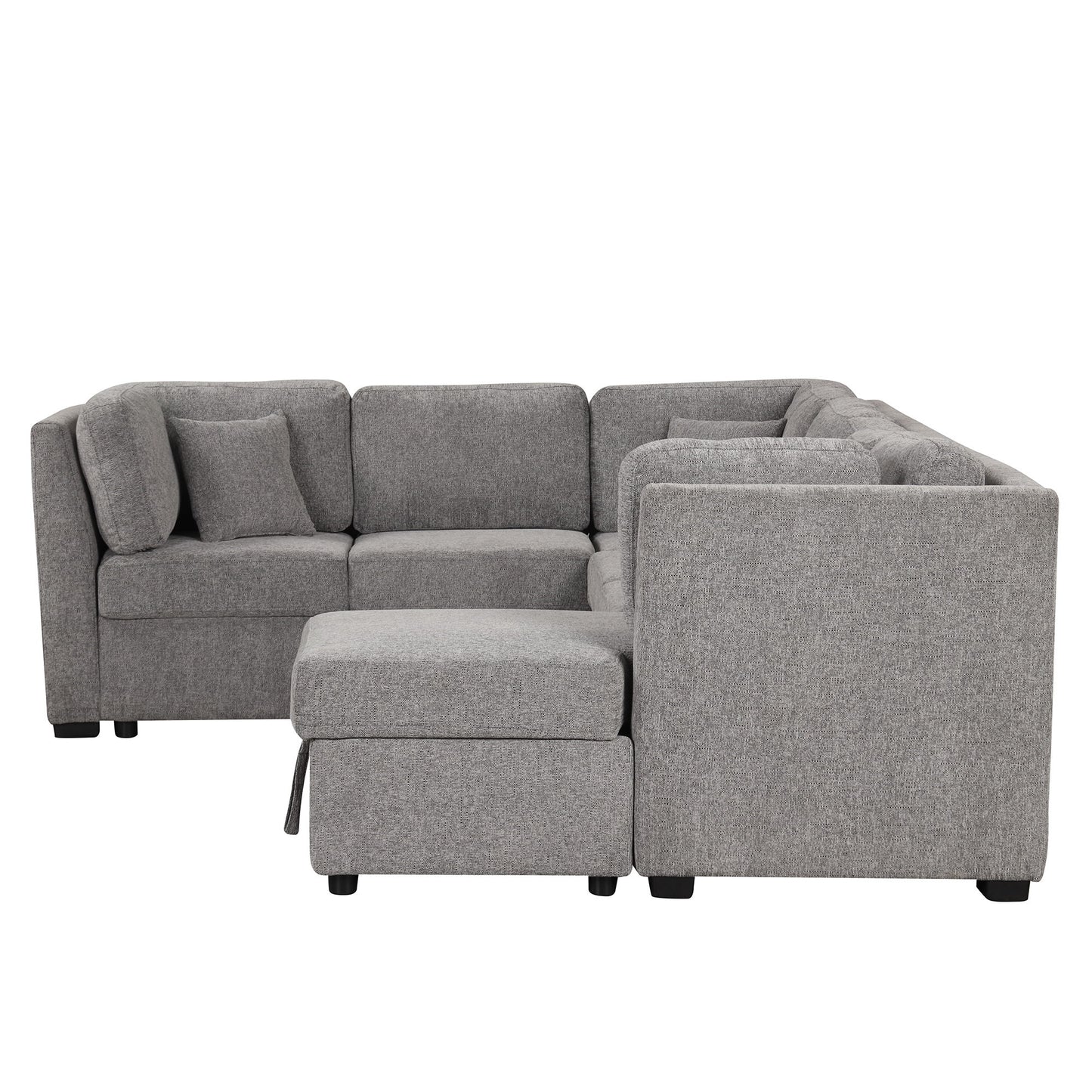 U-Shaped Sectional Sofa Pull Out Sofa Bed With Two USB Ports, Two Power Sockets, Three Back Pillows And A Storage Chaise For Living Room - Light Gray