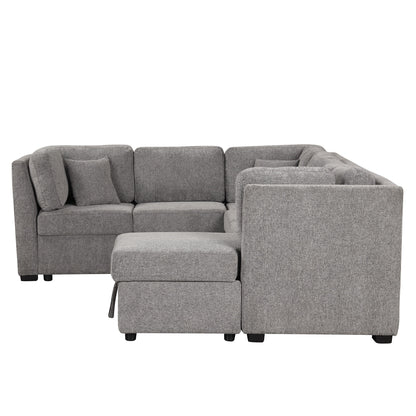 U-Shaped Sectional Sofa Pull Out Sofa Bed With Two USB Ports, Two Power Sockets, Three Back Pillows And A Storage Chaise For Living Room - Light Gray