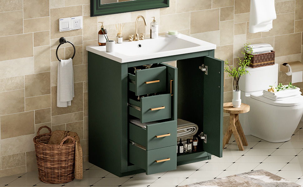 Bathroom Vanity With Ceramic Sink Combo, Frame Bathroom Storage Cabinet, Freestanding Vanity Set With 3 Drawers & Soft Closing Doors - Green