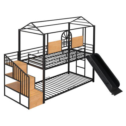 Twin Over Twin Bunk Bed, Housebed With Slide And Storage Stair - Black
