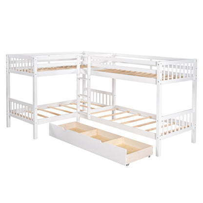 Twin L Shaped Bunk Bed With Drawers - White