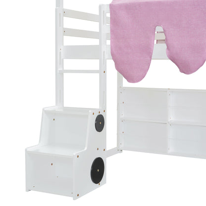 Twin Size Charming House Shaped Loft Bed With Tent And Slide - White / Pink