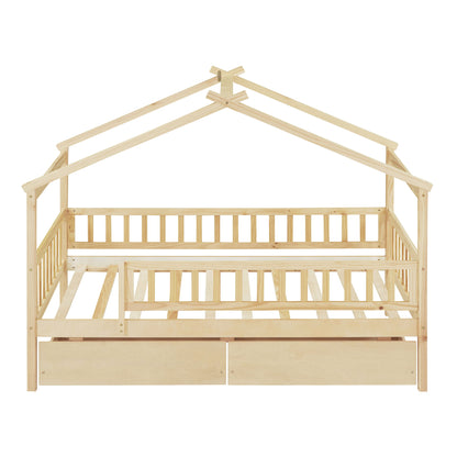 Twin Size House Bed With 2 Drawers - Natural