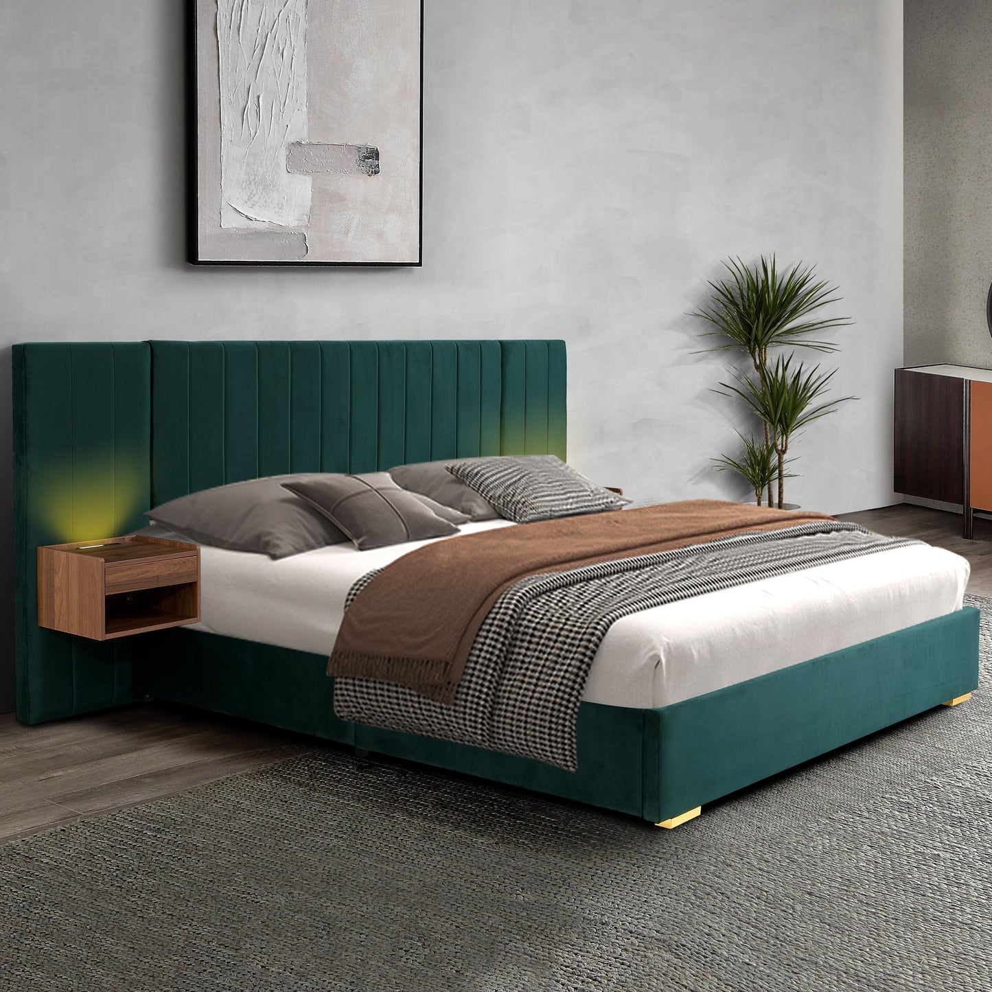 Upholstered Queen Size Bed Frame Of Velvet Tufted Headboard With Floating Nightstand LED / USB Built - Green