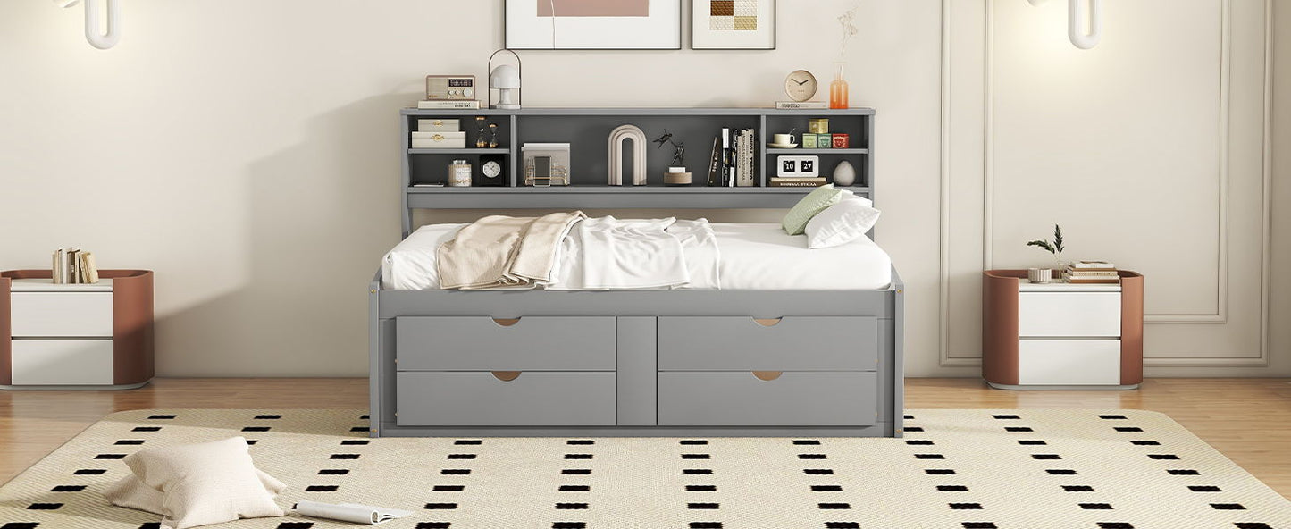 Full Size Daybed With 2 Bedside Cabinets, Upper Shelves And 4 Drawers - Gray