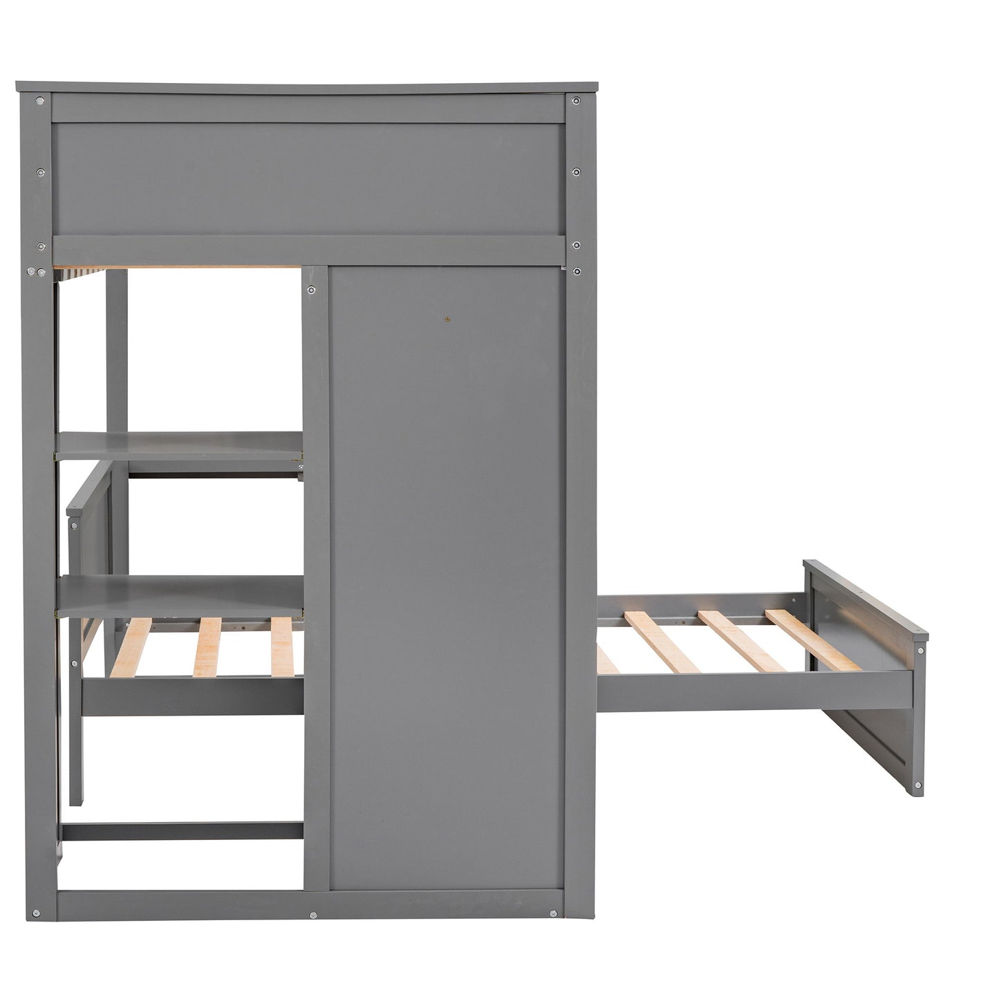 Twin Size Loft Bed With A Stand Alone Bed, Shelves, Desk, And Wardrobe - Gray