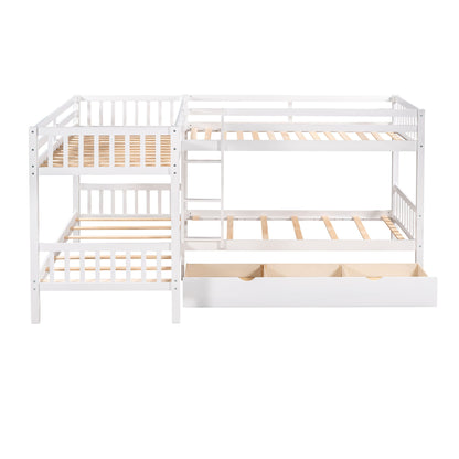 Twin L Shaped Bunk Bed With Drawers - White