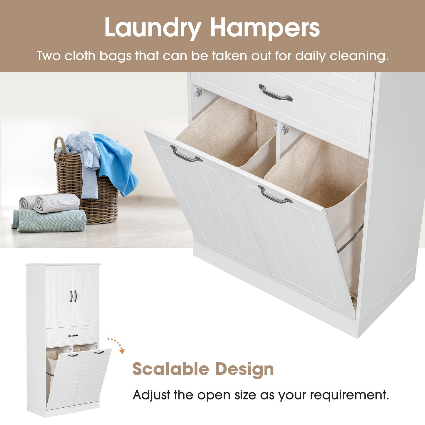 Modern Bathroom Storage Cabinet With 2 Laundry Baskets, 1 Drawer, Adjustable Shelf - White