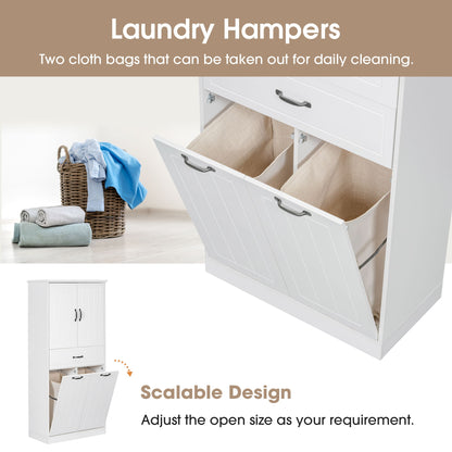 Modern Bathroom Storage Cabinet With 2 Laundry Baskets, 1 Drawer, Adjustable Shelf - White